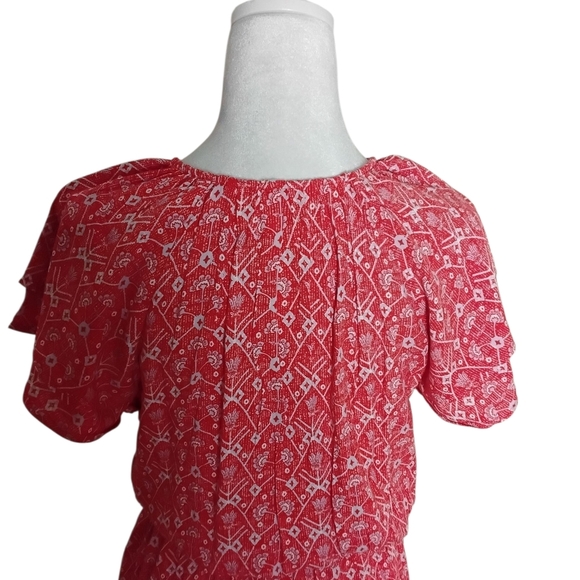 Destination 365 Women's XS Red White Print Short Sleeve Tie Neck Maxi  Dress - Picture 4 of 8